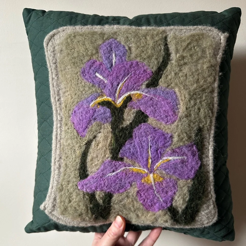 Felted Wool Iris Throw Pillow Botanical Handmade Bohemian